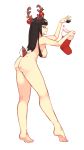  1girl antlers ass bangs barefoot black_hair blunt_bangs breasts christmas_ornaments christmas_stocking coal commentary completely_nude deer_tail english_commentary fire_emblem from_side full_body long_hair looking_at_viewer medium_breasts nipples nude rtil simple_background smile solo tail tharja_(fire_emblem) tiptoes white_background 