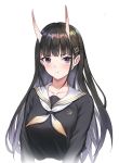  1girl :t absurdres azur_lane bangs black_hair black_serafuku blush collarbone eyebrows_visible_through_hair hair_ornament hairclip highres horns long_hair long_sleeves looking_at_viewer neckerchief noshiro_(azur_lane) oni_horns purple_eyes sailor_collar school_uniform serafuku simple_background solo upper_body watts99 white_background white_neckwear white_sailor_collar 