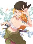  1girl aetherion bandana breasts cleavage coin cosplay earrings grin highres jewelry long_hair looking_at_viewer nami_(one_piece) one_eye_closed one_piece orange_eyes orange_hair roronoa_zoro roronoa_zoro_(cosplay) shiny shiny_skin smile solo sword tattoo weapon 