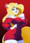  animaniacs anthro big_breasts breasts clothed clothing female half-length_portrait hand_on_hip hi_res jewelry looking_at_viewer mammal minerva_mink mink mustelid musteline necklace off_shoulder one_eye_closed portrait solo toviorogers warner_brothers wink 