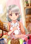  1girl apron baking bangs blush braid cake chocolate eyebrows_visible_through_hair food fruit hair_ribbon highres hisakawa_nagi idolmaster idolmaster_cinderella_girls idolmaster_cinderella_girls_starlight_stage indoors kitchen long_hair long_sleeves looking_down open_mouth pink_sweater red_eyes ribbon silver_hair single_braid solo strawberry sweater tudon_(donut) twintails upper_body valentine 