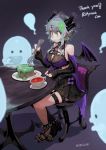  1girl artist_name black_skirt black_sleeves breasts chair character_request commentary commission copyright_request cup demon_wings detached_sleeves eating food ghost green_eyes green_hair hair_ornament hairclip highres horns jun_(seojh1029) large_breasts sitting skeb_commission skirt spiked_anklet table teacup thank_you wings 