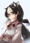  1girl animal_ear_fluff animal_ears artist_name bespectacled black-framed_eyewear black_hair brown_eyes cat_ears closed_fan dated fan folding_fan fyuo glasses hair_tie high_ponytail highres japanese_clothes kantai_collection kariginu long_hair looking_at_viewer miko multi-tied_hair nisshin_(kantai_collection) red_ribbon ribbon short_eyebrows simple_background solo thick_eyebrows very_long_hair white_background 