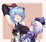  2girls ;d absurdres ahoge arm_up armpits blue_hair blush bodysuit bow braid braided_ponytail breast_grab breasts closed_eyes ganyu_(genshin_impact) genshin_impact goat_horns grabbing hair_bow hair_ornament hat highres horns jiangshi large_breasts multiple_girls mz_(yeye_ai_chipao_mian) one_eye_closed open_mouth purple_hair qiqi skin_tight sleeveless smile tongue tongue_out upper_body 