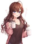  1girl :3 absurdres ahoge bangs blue_eyes blush breasts brown_hair cleavage coffee_mug collarbone commentary_request cup earrings eyebrows_visible_through_hair hair_between_eyes highres holding holding_cup huge_filesize ichinose_shiki idolmaster idolmaster_cinderella_girls jewelry kudou_(sikisiki0000) large_breasts long_hair looking_at_viewer mug open_mouth red_nails simple_background smile solo translated wavy_hair white_background 