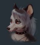  angry anthro black_nose canid canid_demon collar demon eyebrows female fur grey_body grey_fur grey_hair hair half-closed_eyes headshot_portrait hellhound helluva_boss hi_res inner_ear_fluff jeykuto loona_(vivzmind) mammal narrowed_eyes pink_inner_ear portrait red_sclera sharp_teeth solo spiked_collar spikes teeth tuft whiskers white_body white_eyes white_fur 