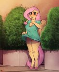  absurd_res anthro anthrofied blush bodily_fluids breasts cleavage clothed clothing english_text equid equine female fluttershy_(mlp) friendship_is_magic genital_fluids genitals hasbro hi_res looking_at_viewer mammal mr.smile my_little_pony no_underwear outside pegasus pussy pussy_juice solo text wings 