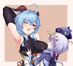  2girls ;d absurdres ahoge arm_up armpits blue_hair blush bodysuit bow braid braided_ponytail breast_grab breast_sucking breast_sucking_through_clothes breasts closed_eyes ganyu_(genshin_impact) genshin_impact goat_horns grabbing hair_bow hair_ornament hat highres horns jiangshi large_breasts multiple_girls mz_(yeye_ai_chipao_mian) one_eye_closed open_mouth purple_hair qiqi skin_tight sleeveless smile upper_body 