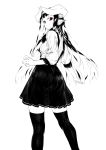  1girl bangs black_hair black_legwear black_skirt blunt_bangs cropped_legs floating_hair frown highres horned_girl_(jaco) horns jaco looking_at_viewer looking_back monochrome original outstretched_arms pleated_skirt pointy_ears red_eyes short_sleeves simple_background skindentation skirt thighhighs white_background zettai_ryouiki 