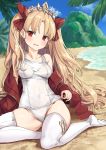  1girl bangs beach blonde_hair blue_sky blush bow breasts cloud collarbone commentary_request covered_navel day earrings ereshkigal_(fate/grand_order) eyebrows_visible_through_hair fate_(series) groin hair_bow jewelry long_hair looking_at_viewer no_shoes off_shoulder one-piece_swimsuit open_mouth outdoors palm_tree parted_bangs red_bow red_eyes ribbon sand school_swimsuit sitting skindentation sky solo swimsuit thighhighs tree two_side_up tyone water white_legwear white_swimsuit 
