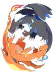  azuma_minatsu blue_eyes blue_fire charizard closed_mouth commentary_request fire full_body gen_1_pokemon grey_background highres looking_at_viewer mega_charizard_x mega_charizard_y mega_pokemon no_humans open_mouth pokemon pokemon_(creature) red_eyes simple_background 