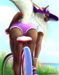  2019 anthro bicycle bike_shorts bottomwear butt canid canine canis clothed clothing digital_media_(artwork) dimonis female fur hair hat headgear headwear hi_res looking_back mammal rear_view shorts signature sitting smile solo summer watermark wolf 