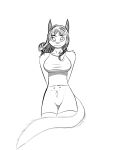  anthro bottomwear clothed clothing colorless domestic_cat drhalloway felid feline felis female fluffy fluffy_tail fur hair hands_behind_back hi_res line_art looking_at_viewer mammal shirt shorts shy tank_top topwear wavy_hair 
