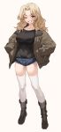  1girl blonde_hair blue_eyes blue_shorts blurry blush breasts commentary cowboy_shot denim denim_shorts full_body girls_und_panzer grin hair_intakes hands_in_pockets highres jacket kay_(girls_und_panzer) large_breasts long_hair long_sleeves looking_at_viewer military military_uniform mx2j_(nsh6394) one_eye_closed open_clothes open_jacket saunders_military_uniform short_shorts shorts smile solo standing thighhighs uniform white_background white_legwear 