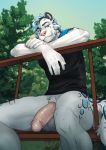  anthro blue_eyes clothed clothing felid fur genitals hi_res humanoid_genitalia humanoid_penis kyabetsu looking_at_viewer male mammal outside partially_clothed penis solo spots spotted_body spotted_fur victory_(texdot) white_body white_fur 
