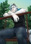  anthro blue_eyes clothed clothing felid fur hi_res kyabetsu looking_at_viewer male mammal outside solo spots spotted_body spotted_fur victory_(texdot) white_body white_fur 