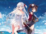  2girls anthropomorphism azur_lane blue_eyes breasts brown_hair cleavage clouds dress hitsukuya japanese_clothes long_hair petals ponytail shoukaku_(azur_lane) sky sword thighhighs third-party_edit water weapon white yellow_eyes zuikaku_(azur_lane) 