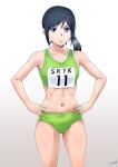  1girl absurdres bikini black_hair blue_eyes blue_scrunchie breathing green_bikini hand_on_hip healin&#039;_good_precure highres ponytail precure satou_yasu sawaizumi_chiyu scrunchie side_ponytail signature sports_bikini sweat swimsuit toned track_and_field track_uniform 