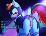  2020 anus armor blush butt clothing detailed_background dialogue english_text equid female feral friendship_is_magic hasbro headgear helmet hi_res inside looking_back mammal multicolored_tail my_little_pony open_mouth rainbow_dash_(mlp) rainbow_tail rear_view solo text welost 