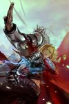  2boys alphonse_elric armor automail back-to-back bangs belt black_pants black_shirt blonde_hair braid braided_ponytail brothers cape chain clenched_hand closed_mouth commentary dutch_angle edward_elric electricity fighting_stance floating_cape full_armor fullmetal_alchemist long_hair male_focus mechanical_arm midriff multiple_boys navel pants red_cape serious shirt siblings signature sky standing toned toned_male torn_cape torn_clothes watermark wind yellow_eyes zzyzzyy 