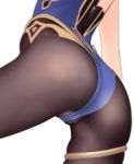  1girl ass ass_focus black_legwear blurry bodystocking close-up depth_of_field genshin_impact head_out_of_frame highleg highleg_leotard kanzaki_muyu leotard mona_(genshin_impact) simple_background solo thighlet white_background 