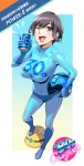 1girl ;d absurdres blue_bodysuit blue_gloves blush bodysuit breasts brown_eyes collarbone covered_navel elbow_gloves eyebrows_visible_through_hair genderswap genderswap_(mtf) gloves highres large_breasts one3four! one_eye_closed open_mouth rockman rockman_(character) rockman_(classic) shiny shiny_clothes short_hair skin_tight smile solo standing teeth upper_teeth 
