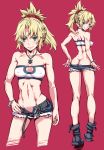  1girl ass back belt blonde_hair boots bracelet breasts covered_nipples fate/apocrypha fate_(series) green_eyes grin highres jewelry long_hair mordred_(fate) mordred_(fate)_(all) navel necklace ponytail purple_background shorts simple_background smile strapless suzuki24 tubetop 