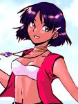  1girl :d bandeau bangs bare_shoulders bob_cut breasts cloud commentary dark_skin fushigi_no_umi_no_nadia gem green_eyes hair_ornament hairclip highres jewelry looking_at_viewer midriff monji_(user_gwha3724) nadia navel neck_ring necklace ocean open_mouth pendant purple_hair red_vest short_hair sky small_breasts smile solo vest white_bandeau 