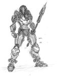 absurd_res ambiguous_gender armor bionicle english_text fingers graphite_(artwork) greyscale hi_res holding_object holding_weapon humanoid lego looking_at_viewer machine melee_weapon mimic_(bionicle) monochrome not_furry pencil_(artwork) polearm robot simple_background sketch spear standing text that1cactus traditional_media_(artwork) weapon white_background 
