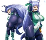  1girl absurdres arm_behind_head arm_up ass ass_focus blue_eyes bodysuit boku_no_hero_academia boots breasts brown_gloves cameltoe covered_navel covered_nipples drill_hair from_behind gloves hadou_nejire hair_horns hand_on_hip highres impossible_bodysuit impossible_clothes jmg knee_boots large_breasts light_purple_hair long_hair looking_at_viewer looking_back low-tied_long_hair multicolored multicolored_bodysuit multicolored_clothes multiple_views open_mouth pantylines skin_tight smile standing superhero thigh_pouch twin_drills very_long_hair white_background 