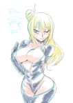  1girl blonde_hair blue_eyes blush bodysuit breasts cleavage closed_mouth gloves hair_bun hair_ornament hair_stick large_breasts long_hair looking_at_viewer nancy_lee ninja_slayer simple_background solo tukiwani white_background 