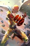  1boy bald belt bodysuit boots cape clenched_hand closed_mouth commentary debris floating_cape gloves leg_up looking_at_viewer male_focus motion_lines one-punch_man punching red_footwear red_gloves saitama_(one-punch_man) serious signature solo superhero watermark white_cape wind yellow_bodysuit zzyzzyy 