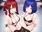  2girls bangs bare_arms bare_shoulders bikini black_bikini black_gloves black_legwear blue_hair blurry blurry_background blush breasts choker cleavage depth_of_field drill_hair gloves half_gloves halterneck hand_on_own_chest hayabusa highres indoors large_breasts long_hair looking_at_viewer mole mole_under_eye multi-strapped_bikini multiple_girls nail_polish navel non-web_source on_bed one_eye_closed one_side_up open_mouth original purple_eyes red_hair sidelocks sitting skindentation smile string_bikini swimsuit thighhighs twintails yellow_eyes 