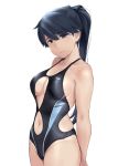  1girl alternate_costume arms_behind_back bangs bare_arms bare_shoulders black_swimsuit blue_eyes blue_hair blush breasts cleavage closed_mouth clothing_cutout collarbone commentary_request competition_swimsuit cowboy_shot eyebrows_visible_through_hair hair_ribbon highleg highleg_swimsuit highres houshou_(kantai_collection) kantai_collection large_breasts long_hair looking_at_viewer navel navel_cutout one-piece_swimsuit ponytail ribbon simple_background smile solo standing swimsuit wa_(genryusui) white_background 