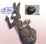  5_fingers anthro backsack balls big_butt bread brown_body brown_fur bunny_ears_(disambiguation) butt dialogue english_text fingers food fur genitals girly grey_body grey_fur iguanasarecool lagomorph leporid male mammal open_mouth rabbit solo taxidermy text thick_thighs toaster wide_hips 