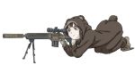  1girl animal_costume asymmetrical_hair bear_costume brown_eyes brown_hair closed_mouth fukutuu3 gun hair_ornament hairclip iwakura_lain serial_experiments_lain short_hair simple_background slippers solo weapon white_background x_hair_ornament 