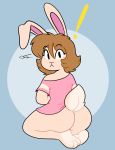  ! 2020 3_toes absurd_res anthro barefoot big_butt blue_background blush bottomless brown_hair butt clothed clothing digital_media_(artwork) feet female hair hi_res kabula_(artist) lagomorph leporid looking_at_viewer looking_back mammal one_ear_up pink_clothing pink_shirt pink_topwear plantigrade rabbit shirt simple_background soles solo surprise tail_tuft toes topwear tuft 