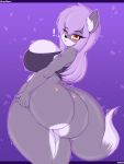  ! 3:4 absurd_res aceymari anthro big_breasts big_butt bottomless breasts butt canid canine canis clothed clothing female hair hi_res holding_butt huge_butt mammal purple_hair solo wolf 