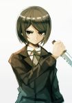  1girl ai_(indigo) bangs blazer bob_cut brown_eyes brown_hair combat_knife commentary danganronpa danganronpa_1 dress_shirt freckles holding holding_weapon ikusaba_mukuro jacket knife long_sleeves looking_ahead parted_bangs school_uniform shirt short_hair simple_background solo striped upper_body weapon white_shirt 