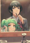  1boy 1girl adjusting_hair alternate_costume anocurry black_jacket blue_eyes blue_hair braid brushing_teeth byleth_(fire_emblem) byleth_(fire_emblem)_(male) casual closed_mouth commentary english_commentary eyebrows_visible_through_hair fire_emblem fire_emblem:_three_houses green_eyes green_hair hair_between_eyes holding holding_toothbrush indoors jacket long_hair long_sleeves looking_at_viewer mirror mirror_image open_clothes open_jacket reflection ribbon_braid short_hair smile sothis_(fire_emblem) toothbrush twin_braids twitter_username 