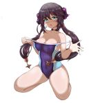  bangs blush breasts chestnut_mouth choker cleavage earrings genshin_impact gradient gradient_hair green_eyes hair_ornament hair_ribbon highres jewelry kneeling large_hat long_hair looking_at_viewer medium_breasts mona_(genshin_impact) multicolored_hair no_headwear one-piece_swimsuit open_mouth purple_hair ribbon sideboob simple_background star_(symbol) star_earrings swimsuit t3x thighs twintails very_long_hair white_background 