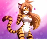  &lt;3 2020 amber_eyes anthro black_stripes breast_grab breasts brown_hair casual_nudity chest_tuft colored conditional_dnp digital_media_(artwork) featureless_breasts featureless_crotch felid female flora_(twokinds) fur gradient_background hair hand_on_breast happy hi_res inner_ear_fluff keidran long_hair looking_at_self looking_down mammal navel nude open_mouth open_smile pantherine simple_background smile solo striped_body striped_fur stripes text tiger tom_fischbach tuft twokinds url webcomic 