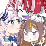  3girls :o anya_melfissa aqua_eyes bandaged_arm bandages bangs blonde_hair blunt_bangs bright_pupils brown_hair chibi closed_eyes double_bun eyebrows_visible_through_hair fangs feathers grey_hair hair_behind_ear hair_feathers hiudarat hololive hololive_indonesia indonesian_commentary kureiji_ollie light_blush looking_up multicolored_hair multiple_girls open_mouth pavolia_reine pink_hair purple_eyes purple_tongue red_hair stitches streaked_hair two_side_up virtual_youtuber white_pupils zombie 