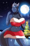  anthro big_breasts blue_body blue_eyes blue_scales breasts christmas christmas_tree clothed clothing digital_media_(artwork) dragon eyewear female glasses hi_res holidays looking_at_viewer moon non-mammal_breasts open_mouth outside reptile robthehoopedchipmunk scales scalie scarf sky smile snow solo star teeth thick_thighs topwear tree tulip_(rthc) wide_hips 