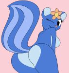  anthro big_breasts big_butt black_eyes blue_body blue_fur blue_inner_ear breasts butt female flower flower_on_head fluffy fluffy_tail fur happy_tree_friends hi_res looking_at_viewer looking_back mammal mephitid mr_rottson nude one_eye_closed petunia_(htf) pie_cut_eyes pink_background pink_nose plant presenting presenting_hindquarters raised_tail rear_view simple_background skunk smile solo striped_body striped_fur striped_tail stripes thick_thighs wink 