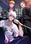  3boys aohitsugi_samatoki black_pants brown_hair building busujima_riou_mason ear_piercing formal glasses highres holding holding_microphone hypnosis_mic iruma_juuto jewelry looking_at_viewer male_focus microphone mikura_(miraclemicro) multiple_boys necklace night orange_hair outdoors pants piercing pocket red_eyes shirt squatting suit white_hair white_shirt 