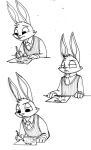  2016 4_fingers anthro bite biting_lip biting_own_lip black_and_white buckteeth calvin_lapin_(spiff) cheek_tuft closed_frown clothing deep_breath disney facial_tuft fan_character fingers focused frown holding_object lagomorph leporid male mammal monochrome multiple_images necktie rabbit self_bite shirt simple_background solo spiff sweater_vest teeth topwear traditional_media_(artwork) tuft vest white_background white_clothing white_necktie white_shirt white_topwear worried writing_text zootopia 