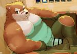  2020 allstatus3 anthro balls bathing belly blush brown_body brown_fur canid canine canis censored detailed_background domestic_dog fur genitals hi_res humanoid_genitalia humanoid_penis inside kemono male mammal moobs nipples overweight overweight_anthro overweight_male penis scar sitting solo water 