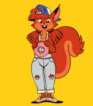  anthro backwards_baseball_cap baseball_cap buckteeth clothing dessert doughnut female food fox-pop freckles hat headgear headwear hi_res looking_at_viewer mammal open_mouth rodent sciurid solo teeth torn_clothing 