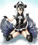  1girl agent_(girls_frontline) black_hair commentary_request double_bun garter_belt garter_straps girls_frontline gloves highres mag_(mag42) maid maid_headdress skirt skirt_lift solo squatting thighhighs 